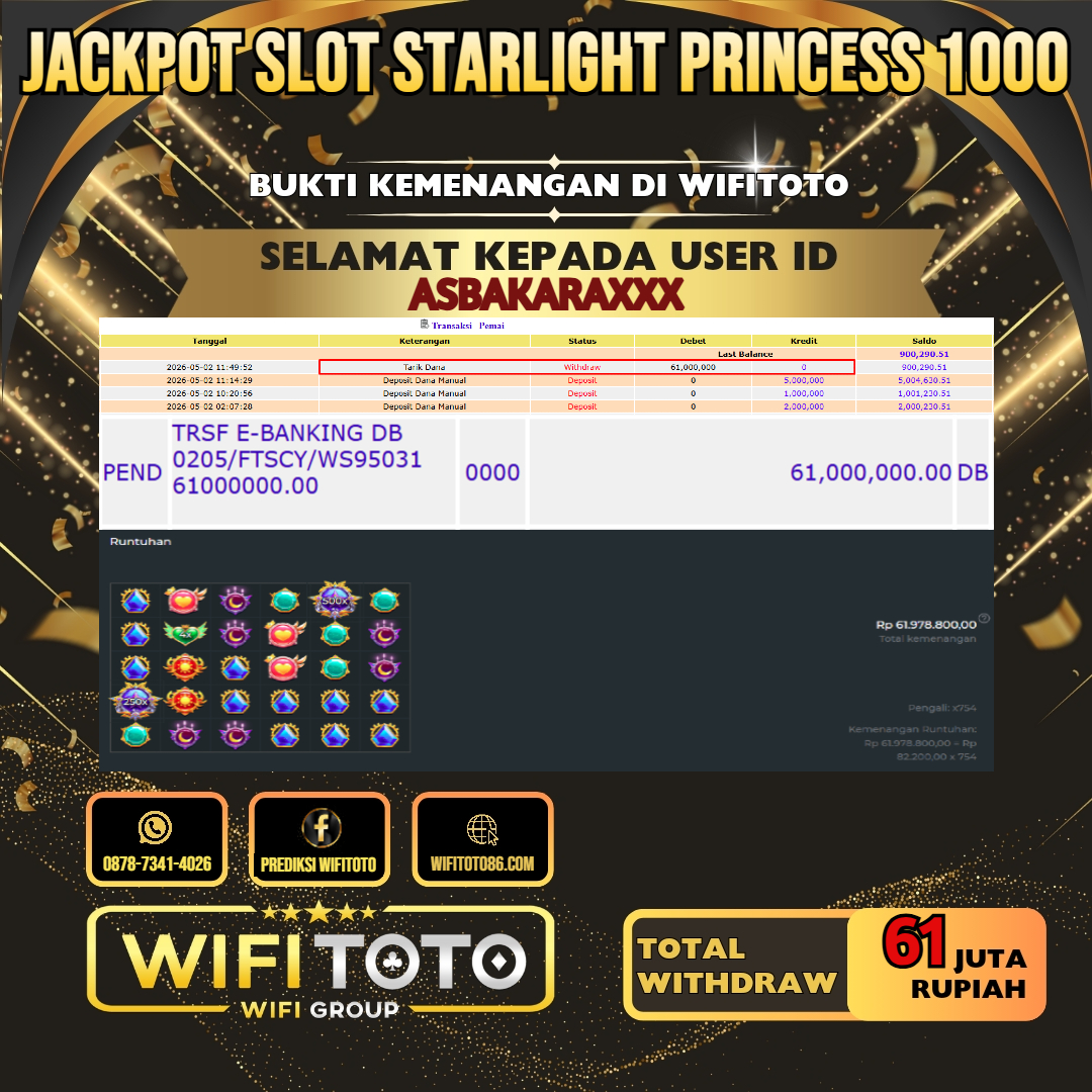 WIFITOTO JACKPOT SLOT STARLIGHT PRINCESS 1000 RP.61.000.000.,- LUNAS USER ID : ASBAKARA***