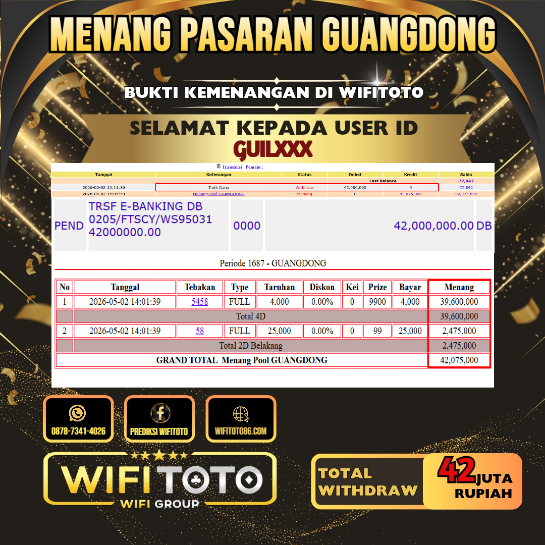WIFITOTO JACKPOT TOGEL PASARAN GUANGDONG RP.42.000.000.,-LUNAS USER ID : GUIL***