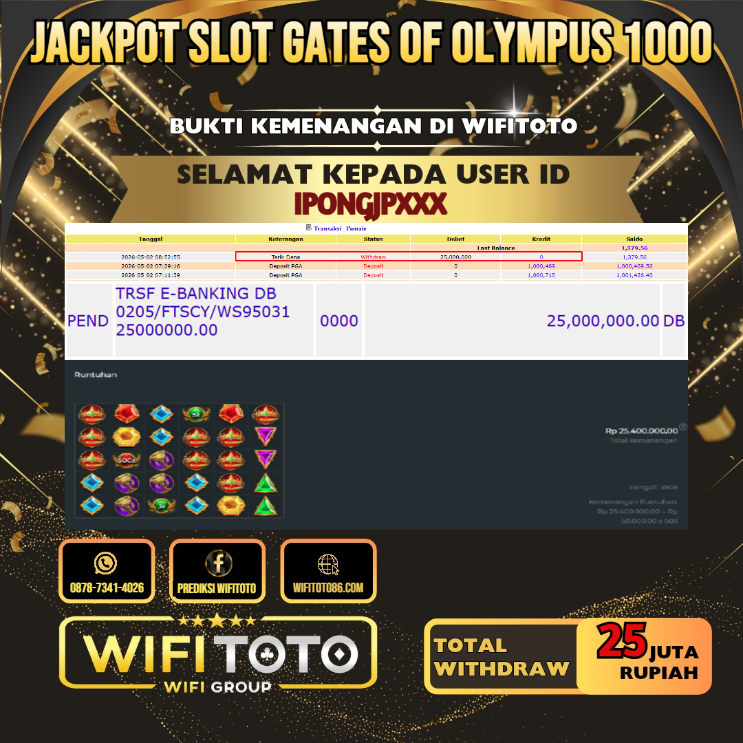 WIFITOTO JACKPOT SLOT GATES OF OLYMPUS 1000 RP.25.000.000.,- LUNAS USER ID : IPONGJP***