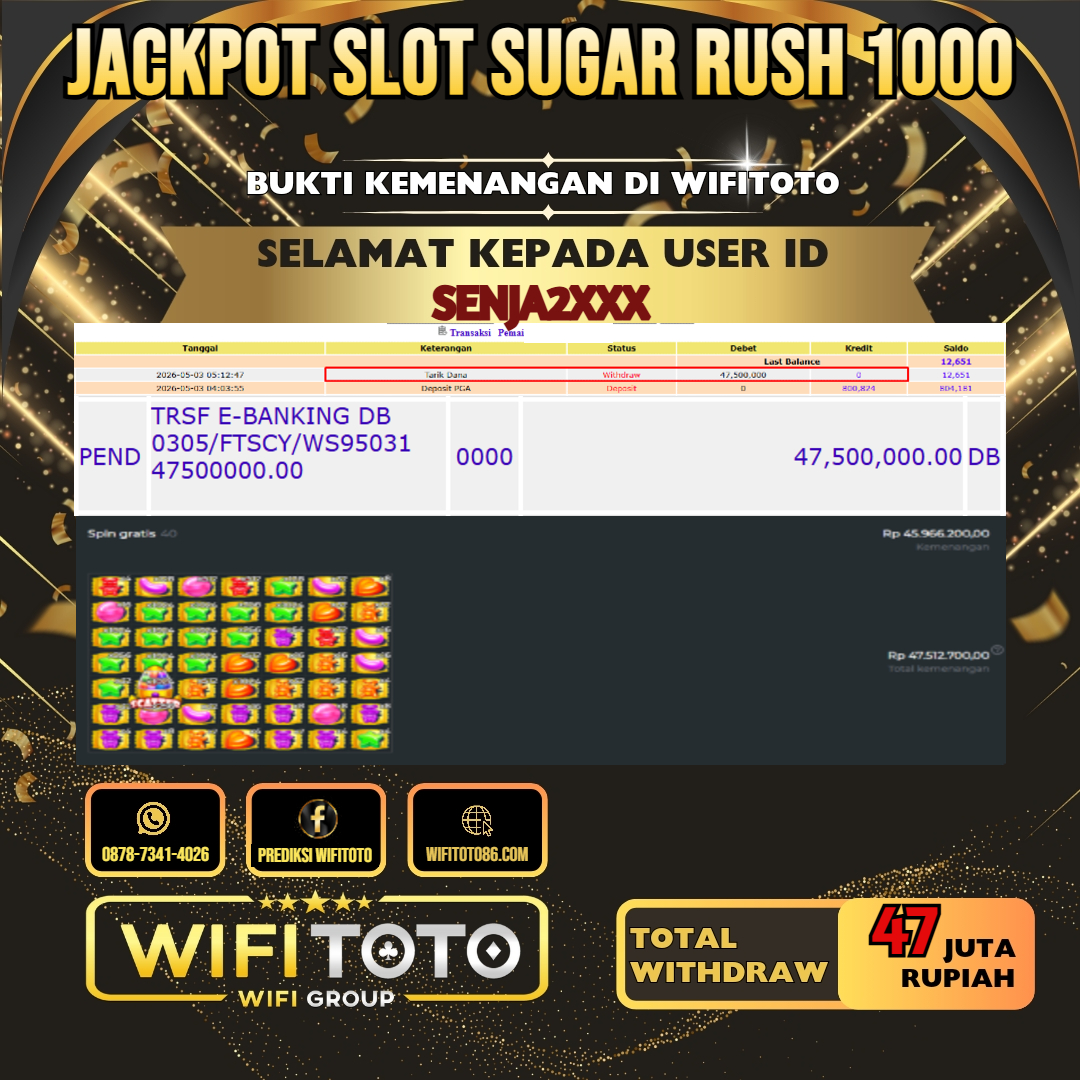 WIFITOTO JACKPOT SLOT SUGAR RUSH 1000 RP.47.000.000.,- LUNAS USER ID : SENJA2***