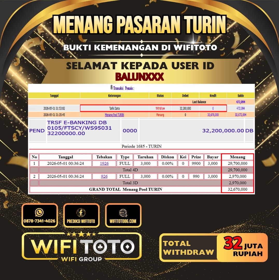 WIFITOTO JACKPOT TOGEL PASARAN TURIN RP.32.000.000.,-LUNAS USER ID : BALUN***